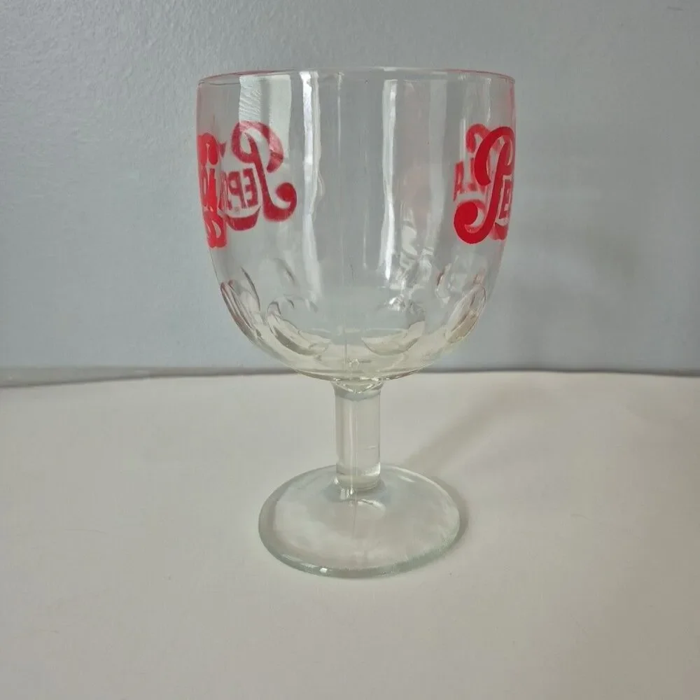 Pepsi Cola VTG Thick Clear Thumbprint Goblet Red Script Logo Pedestal Glass 16OZ